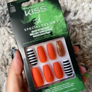 Orange and Black Halloween Kiss Press On Nails Stripes and Glitter NEW